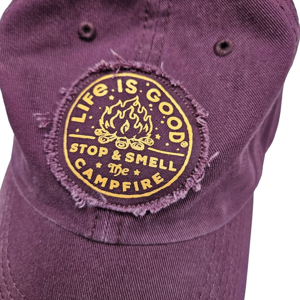 Life Is Good Cotton Baseball Cap With Quote Stop & Smell The Campfire Burgundy A - Picture 2 of 12